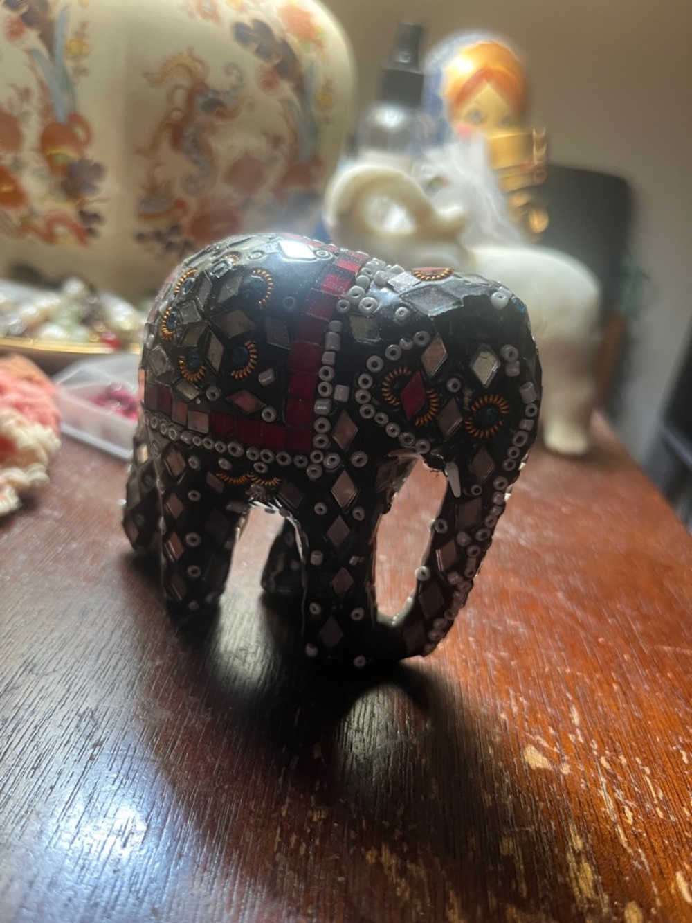 Beaded Decorative Elephant Figurine - Black with Silver Accents